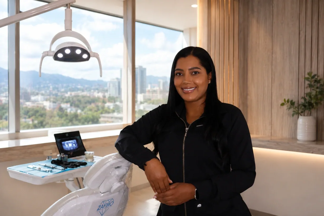 Dra. Jennifer Sinisterra beside a dental chair in her Cali clinic