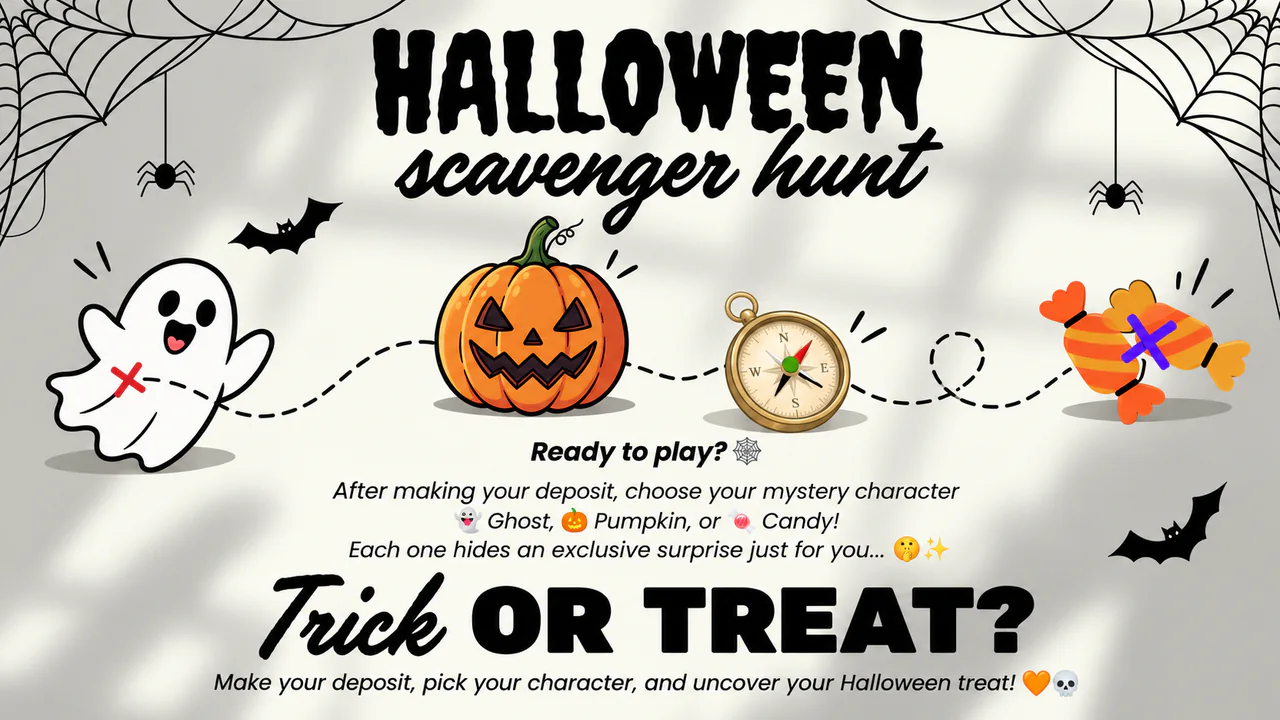 Halloween scavenger hunt with a ghost, pumpkin, and candy as mystery characters.